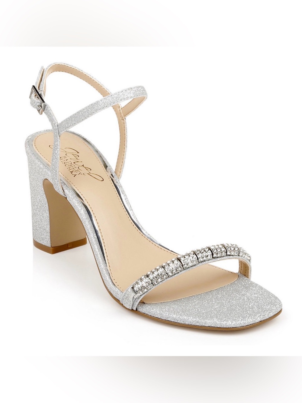Jewel Badgley Mischka Charlee Slvr Glitter Rhinestone Block Heel Sandal Sz 8 NIB